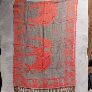 Elephant Red/Orange & Gray Reversible Pashmina Scarf Shawl Wrap 76” x 27” Fringe